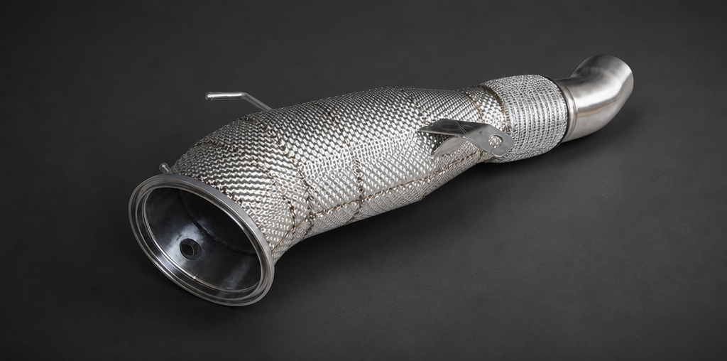 VCTR Performance BMW M340i/M440i G20/G22 Gen 3 B58 Catted Downpipe — Heat Shield – front three-quarter view