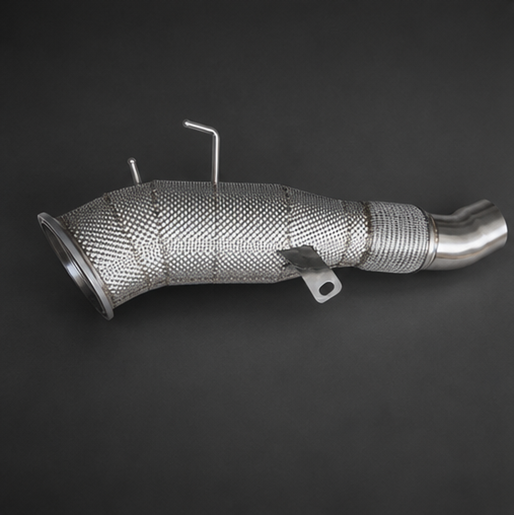 VCTR Performance BMW M340i/M440i G20/G22 Gen 3 B58 Catted Downpipe — Heat Shield – side three-quarter view
