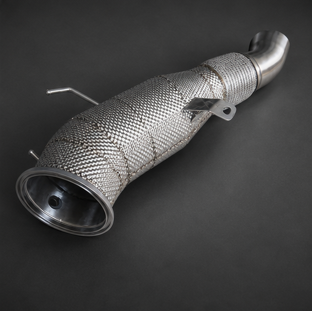 VCTR Performance BMW M340i/M440i G20/G22 Gen 3 B58 Catted Downpipe — Heat Shield – elevated top view