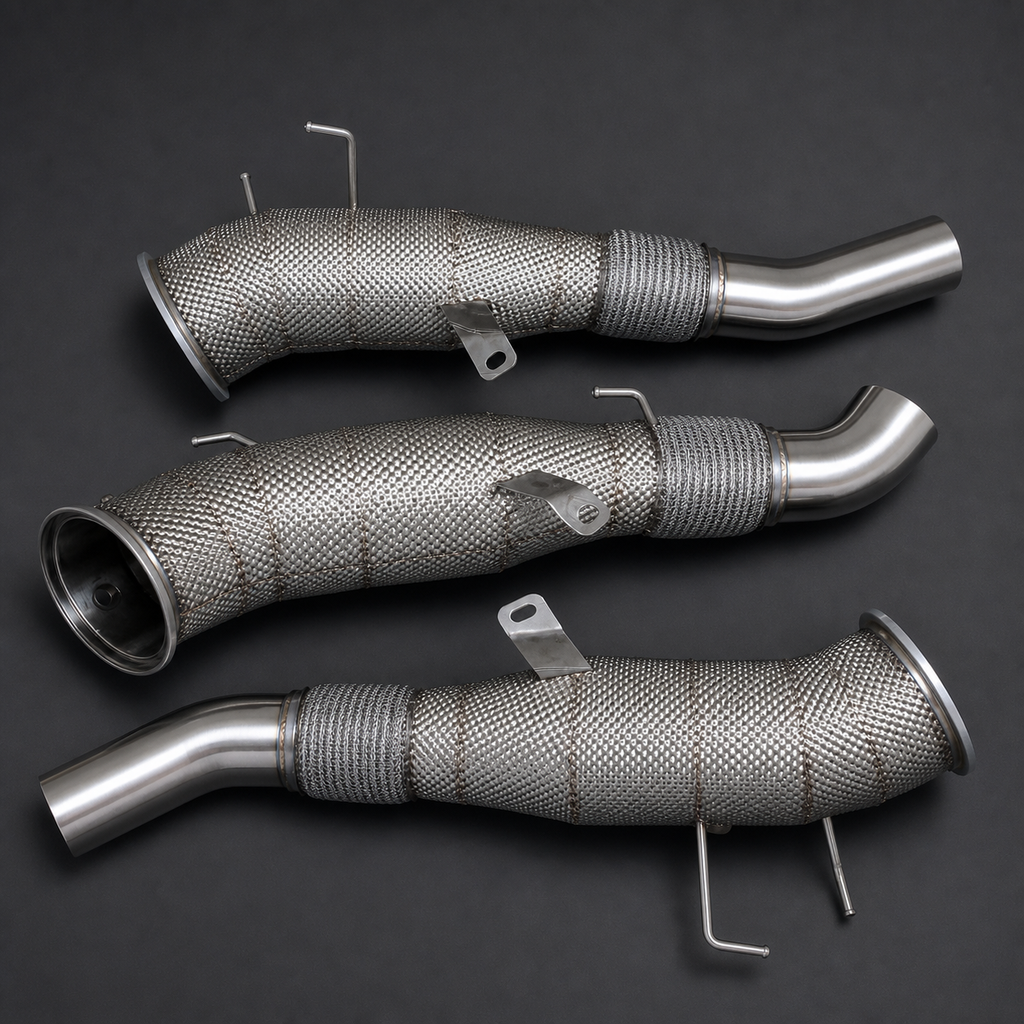 VCTR Performance BMW M340i/M440i G20/G22 Gen 3 B58 Downpipe — Heat Shield – elevated top view