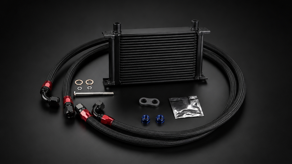 VCTR Performance BMW 135i/335i N54 25-Row Oil Cooler Kit – front three-quarter view