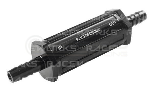 Raceworks Inline Fuel Filter 3/8" Barbs w/30 Micron Bronze Sintered Filter