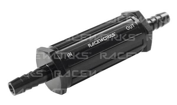 Raceworks Inline Fuel Filter 3/8" Barbs w/30 Micron Bronze Sintered Filter