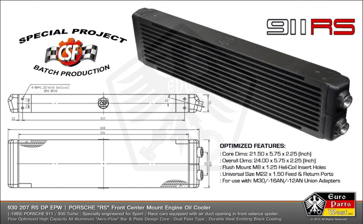 CSF Racing Universal Dual-Pass Oil Cooler M22x1.5 Connections 24x5.75x2.16" image 1