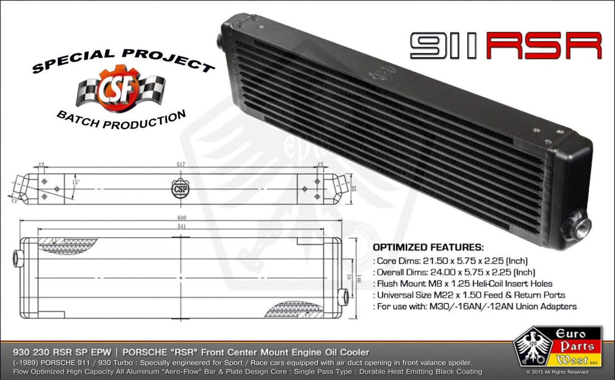 CSF Racing Universal Single-Pass Oil Cooler M22x1.5 Connections 24x5.75x2.16" image 1