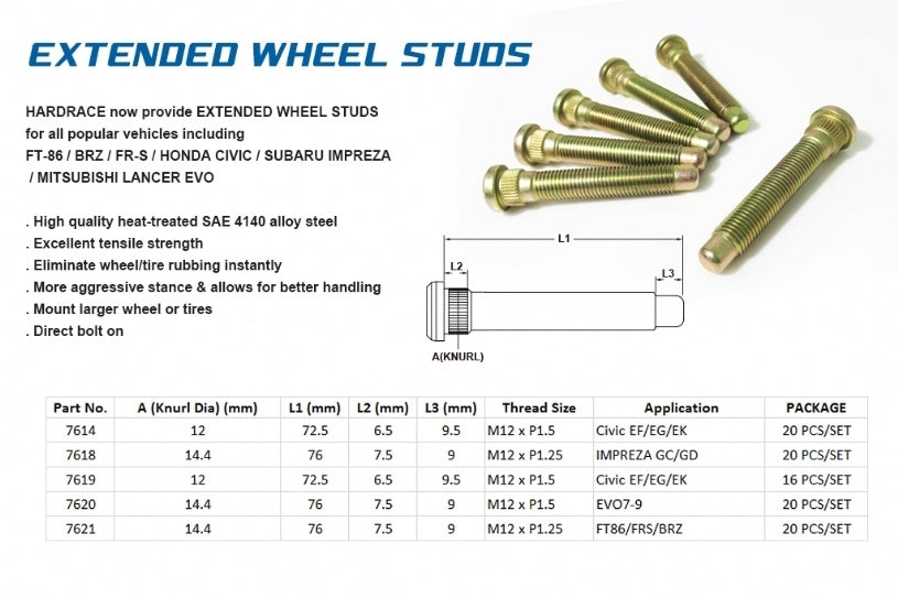 Hardrace Extended Wheel Studs M12x1.25 20Pcs image 2