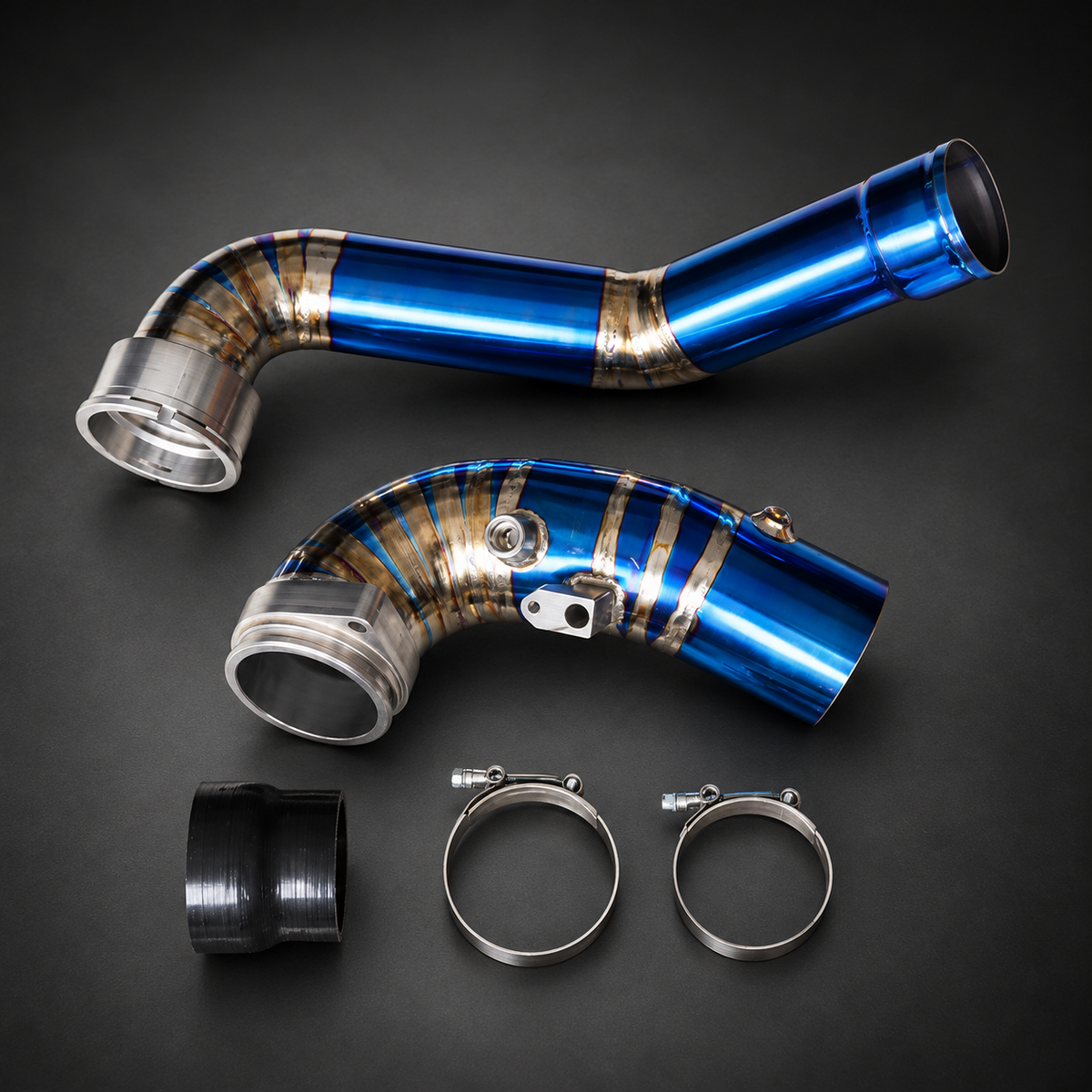 VCTR Performance BMW M340i G20 / Toyota Supra A90 B58 Titanium Charge Pipe — Blue — studio view 1