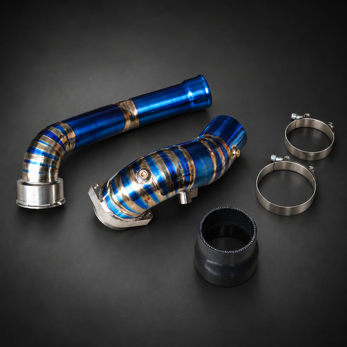 VCTR Performance BMW M340i G20 / Toyota Supra A90 B58 Titanium Charge Pipe — Blue — studio view 2