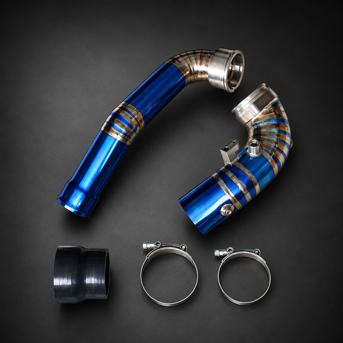 VCTR Performance BMW M340i G20 / Toyota Supra A90 B58 Titanium Charge Pipe — Blue — studio view 3