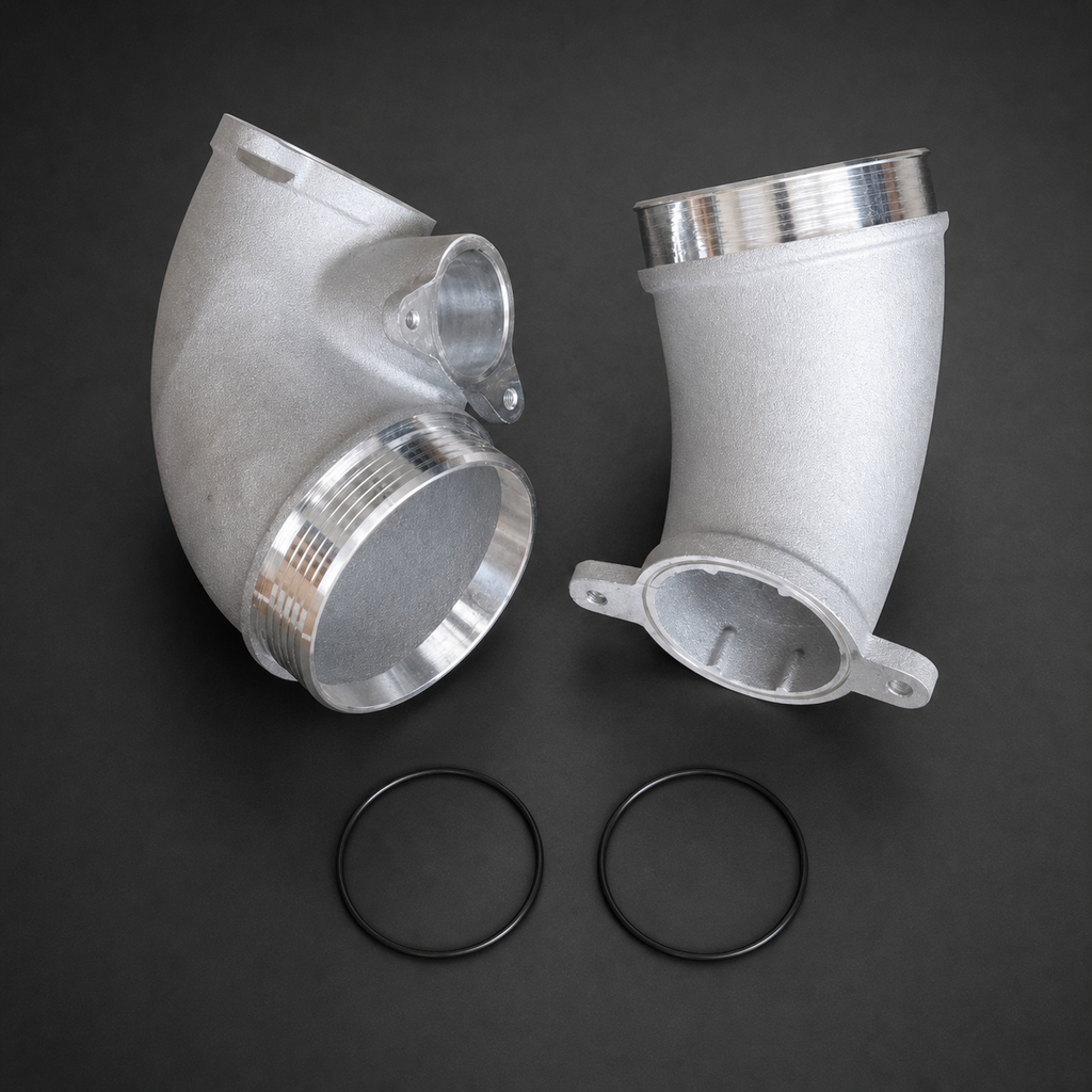 VCTR Performance BMW M3/M4 G80/G82 S58 89 mm Cast Turbo Inlets — Silver – front three-quarter view