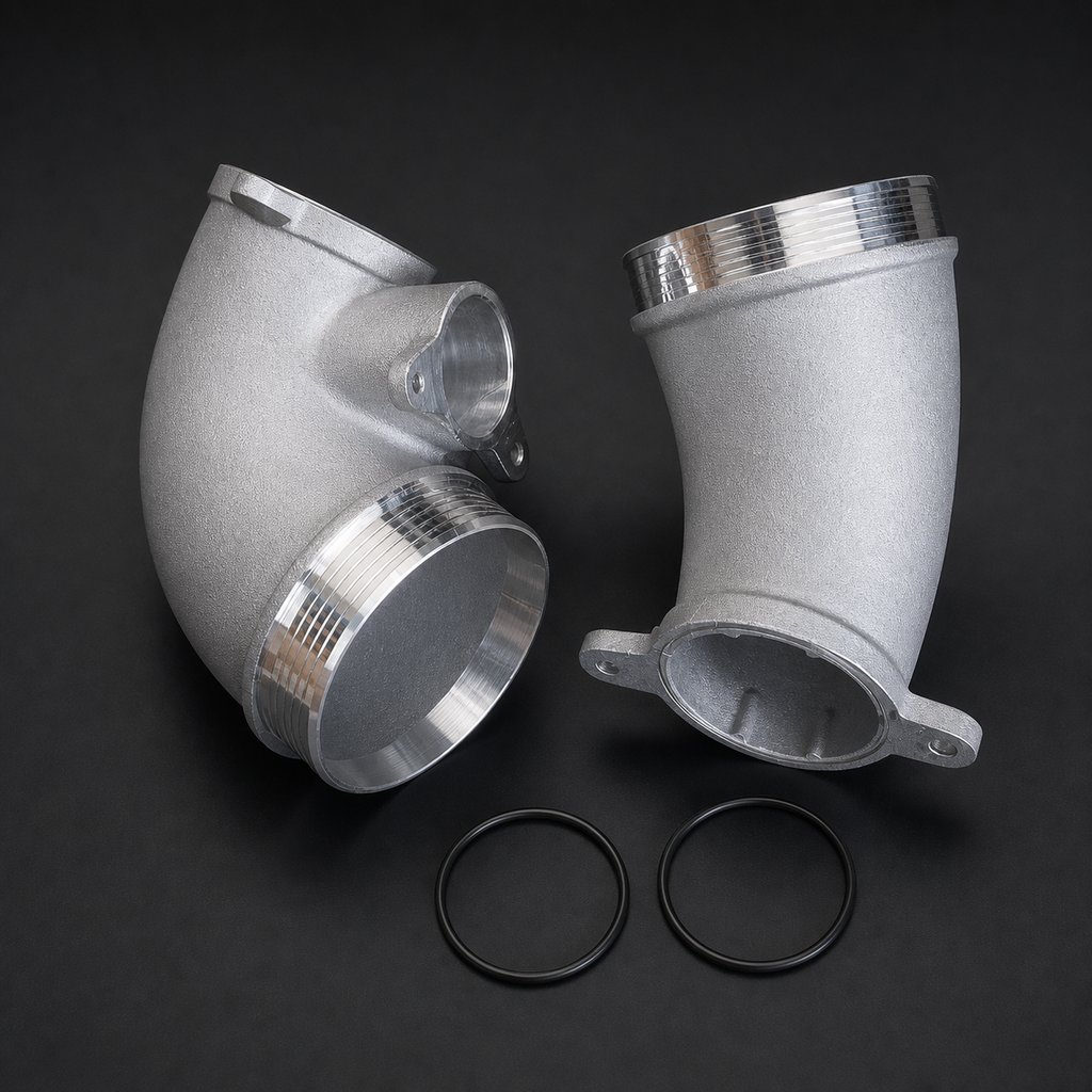 VCTR Performance BMW M3/M4 G80/G82 S58 89 mm Cast Turbo Inlets — Silver – side three-quarter view