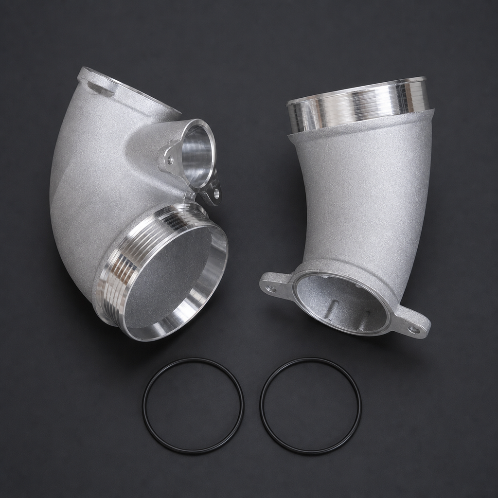 VCTR Performance BMW M3/M4 G80/G82 S58 89 mm Cast Turbo Inlets — Silver – elevated top view