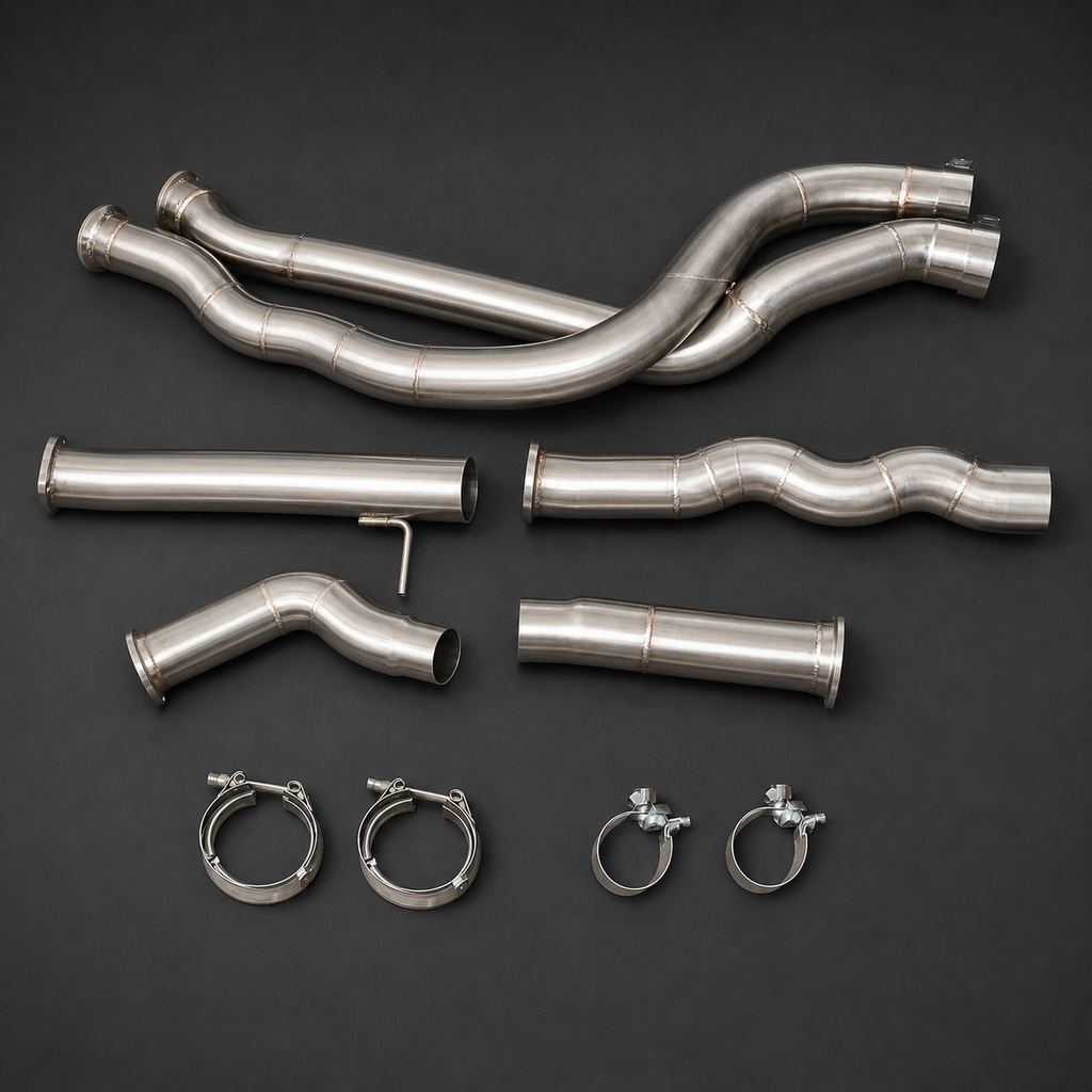 VCTR Performance BMW M2 Competition F87 Equal-Length Mid Pipe – elevated top view