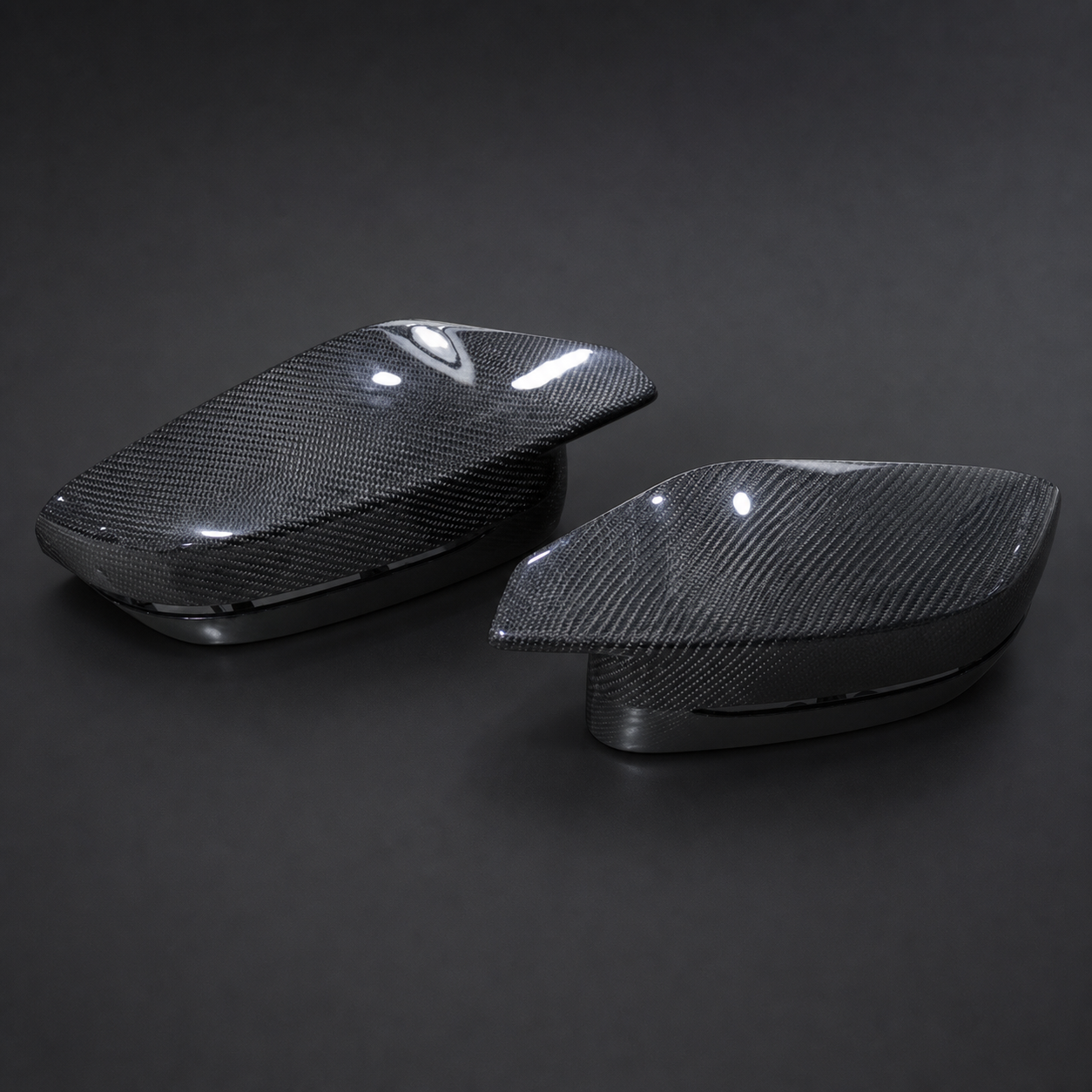 VCTR Performance BMW M3/M4 G80/G82/G83 RHD Dry Carbon Fibre Mirror Caps – front three-quarter view