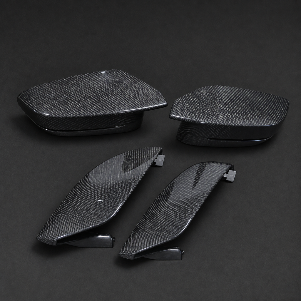 VCTR Performance BMW M3/M4 G80/G82/G83 RHD Dry Carbon Fibre Mirror Caps – elevated top view
