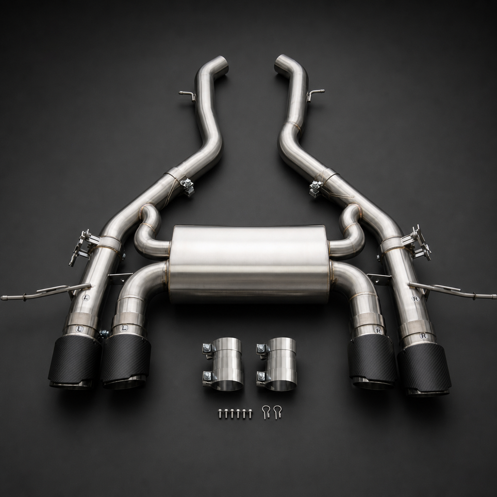 VCTR Performance BMW M3/M4 G80/G82 S58 Catback Exhaust — Matte Carbon Fibre Tips – elevated top view