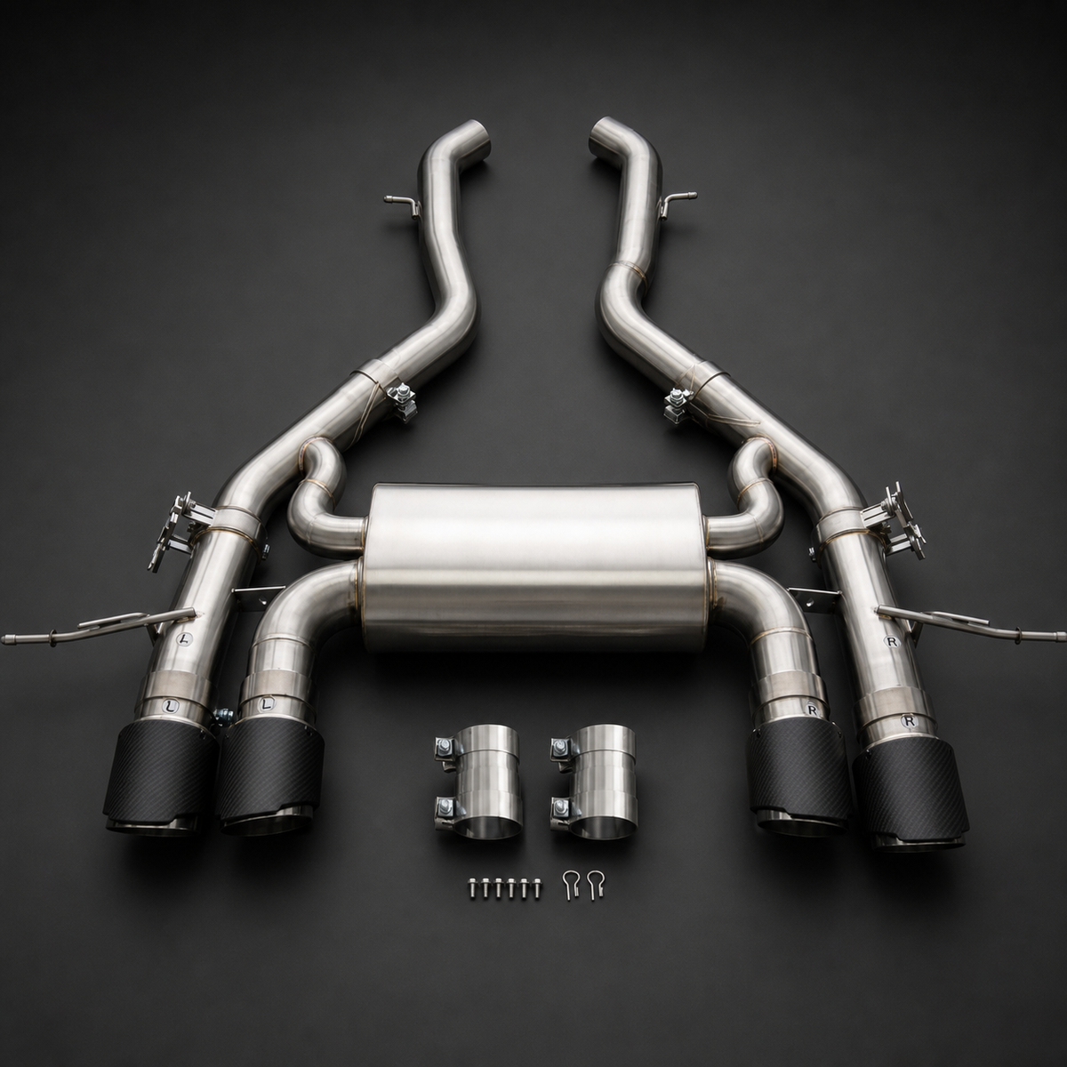 VCTR Performance BMW M3/M4 G80/G82 S58 Catback Exhaust — Matte Carbon Fibre Tips – elevated top view