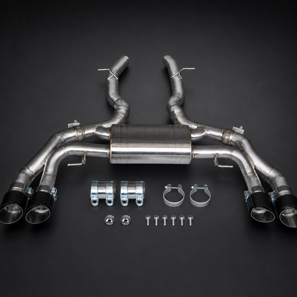 VCTR Performance BMW X3 M/X4 M F97/F98 S58 Catback Exhaust — Carbon Fibre Tips – front three-quarter view