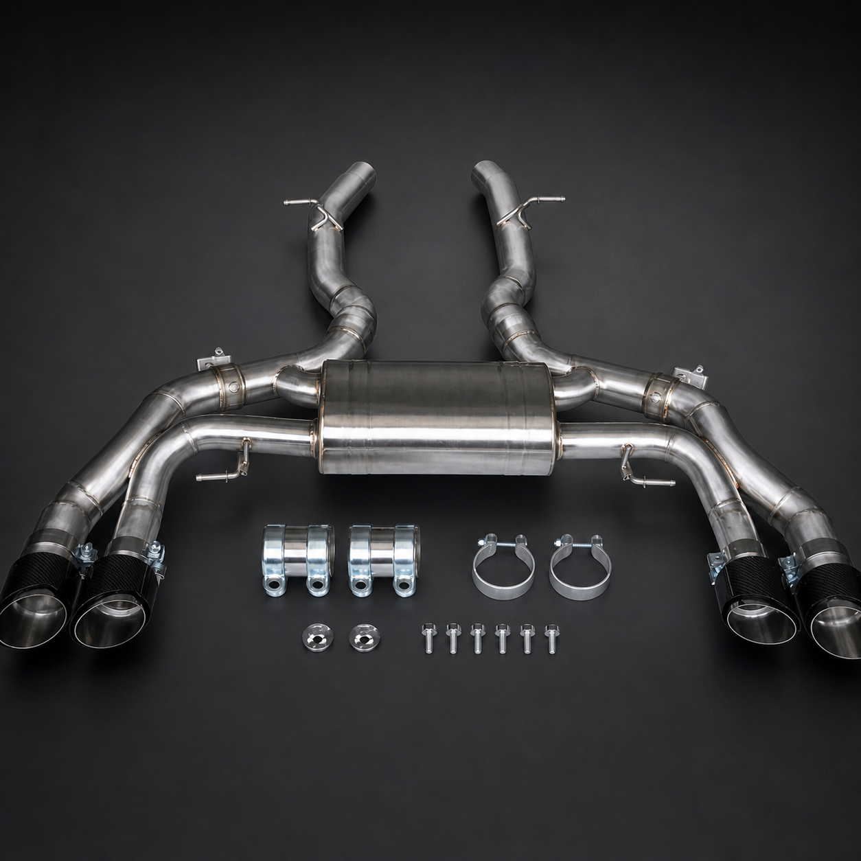 VCTR Performance BMW X3 M/X4 M F97/F98 S58 Catback Exhaust — Carbon Fibre Tips – front three-quarter view