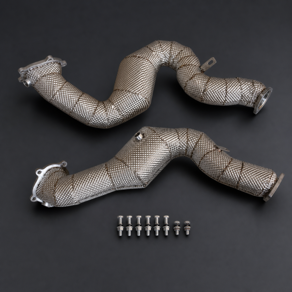 VCTR Performance Audi S6/RS6/RS7 C7 3-inch Catted Downpipes — Heat Shield – front three-quarter view