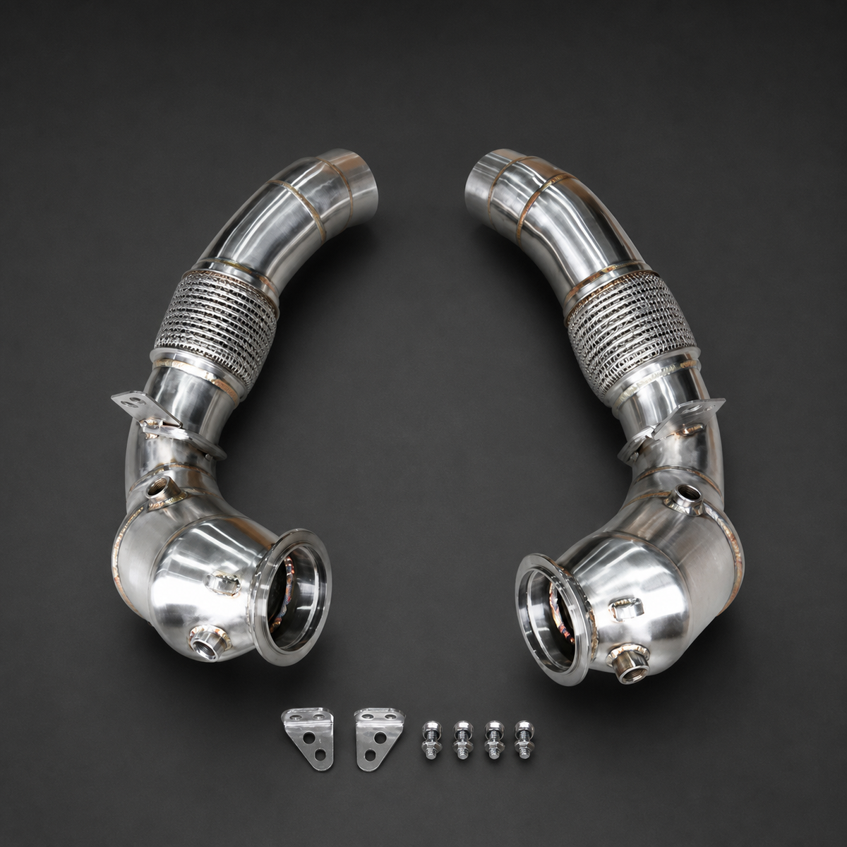 VCTR Performance BMW M5/M6 F10/F13 S63 Catted Downpipes – front three-quarter view