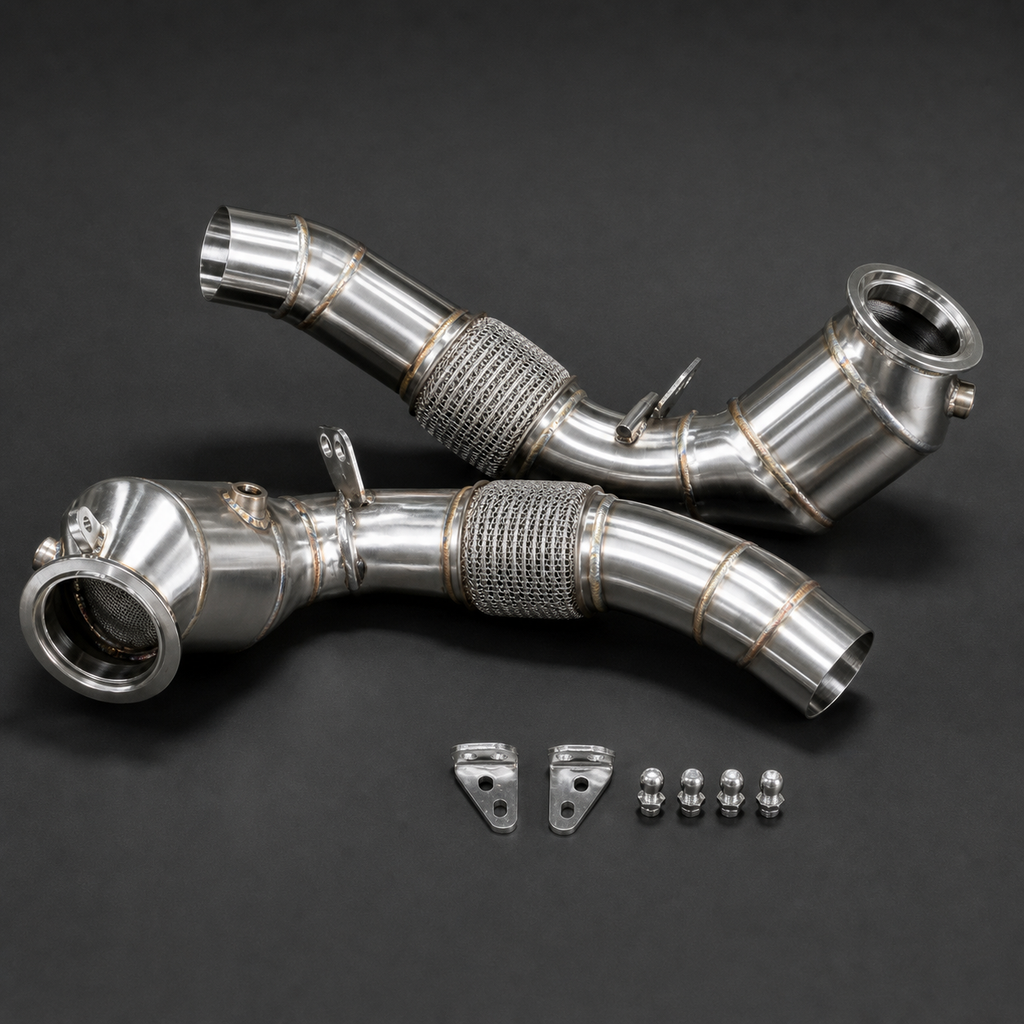 VCTR Performance BMW M5/M6 F10/F13 S63 Catted Downpipes – side three-quarter view