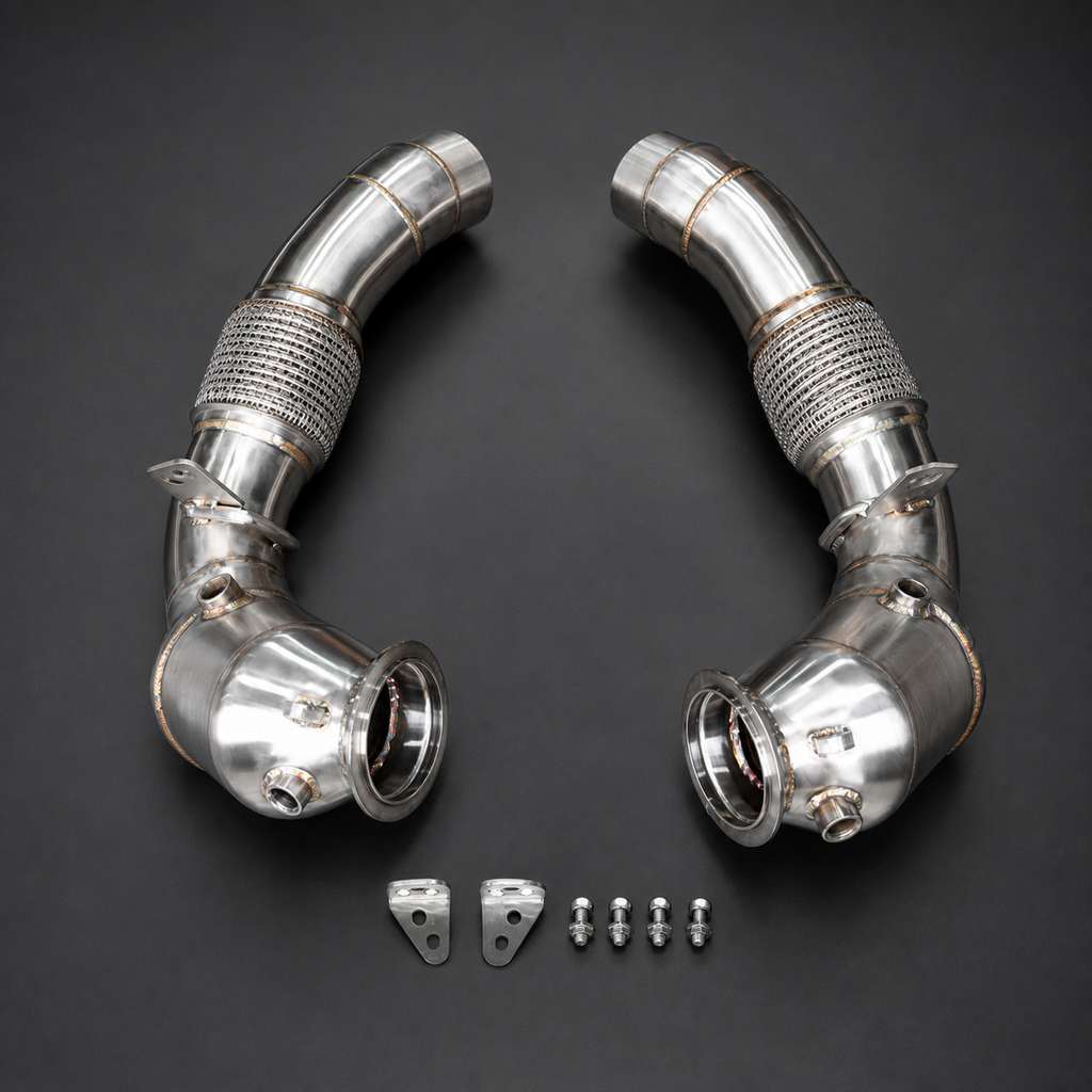 VCTR Performance BMW M5/M6 F10/F13 S63 Catted Downpipes – elevated top view