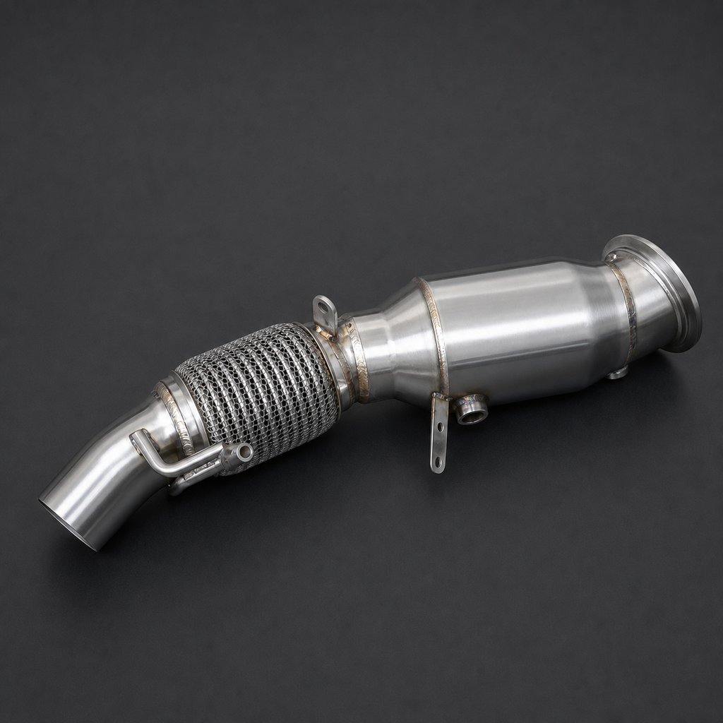 VCTR Performance BMW N20 F-Series 63 mm Catted Downpipe – front three-quarter view
