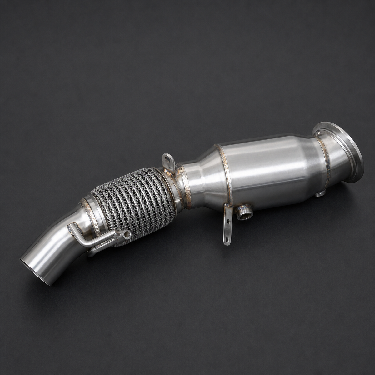 VCTR Performance BMW N20 F-Series 63 mm Catted Downpipe – front three-quarter view
