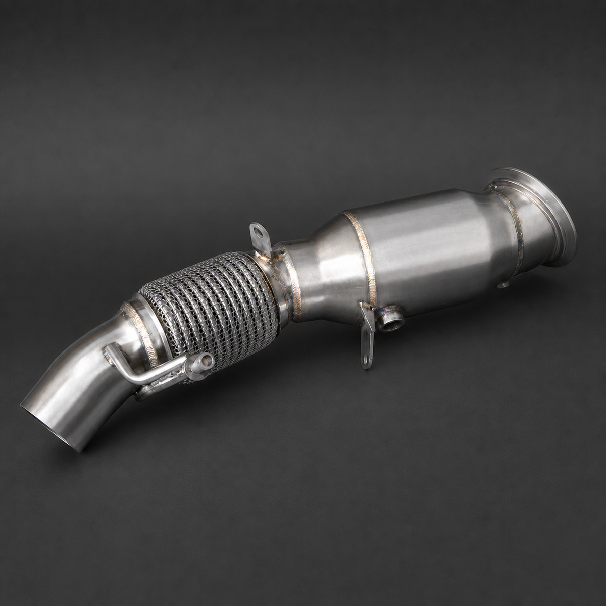 VCTR Performance BMW N20 F-Series 63 mm Catted Downpipe – side three-quarter view