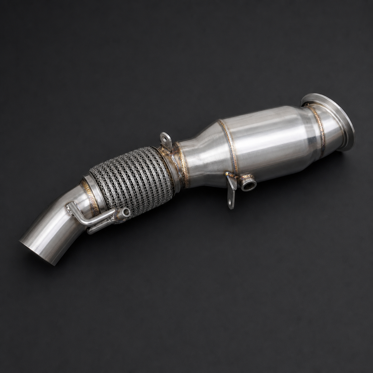 VCTR Performance BMW N20 F-Series 63 mm Catted Downpipe – elevated top view