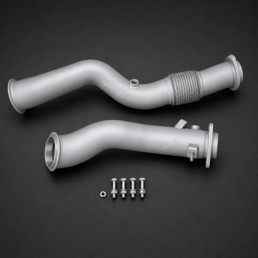 VCTR Performance BMW M2/M3/M4 G87/G80/G82 S58 Ceramic-Coated Downpipes – front three-quarter view