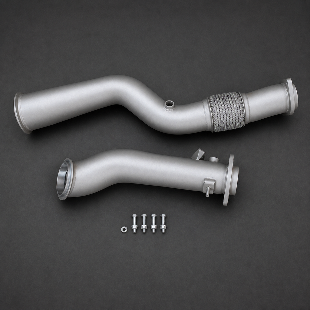 VCTR Performance BMW M2/M3/M4 G87/G80/G82 S58 Ceramic-Coated Downpipes – elevated top view