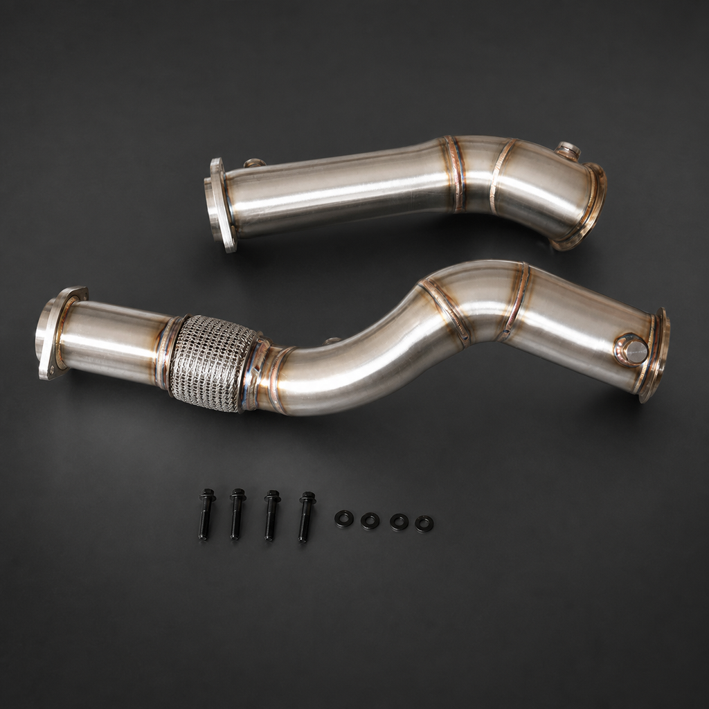 VCTR Performance BMW M2/M3/M4 G87/G80/G82 S58 Flex-Section Downpipes – front three-quarter view