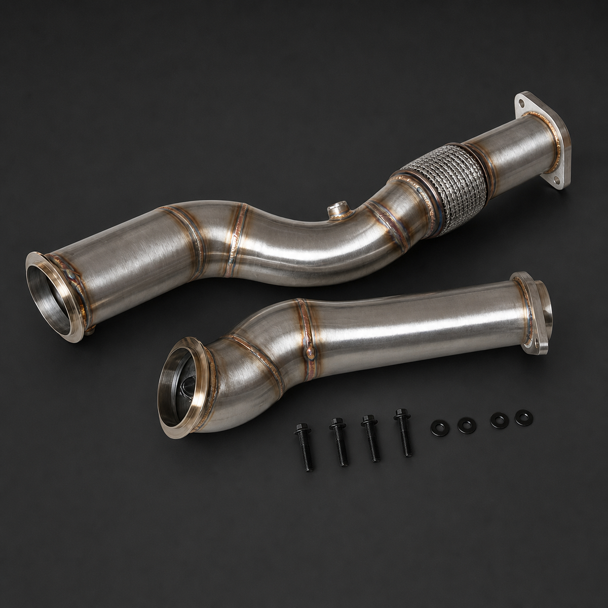 VCTR Performance BMW M2/M3/M4 G87/G80/G82 S58 Flex-Section Downpipes – side three-quarter view