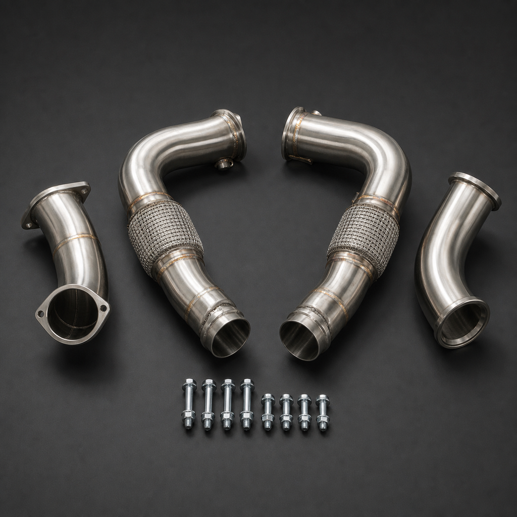 VCTR Performance BMW X5 M/X6 M S68 Downpipes – side three-quarter view