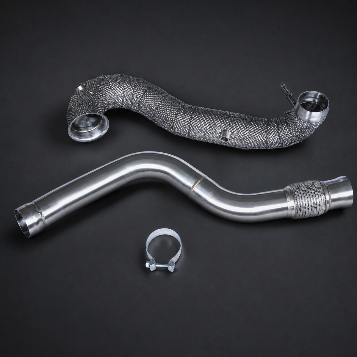 VCTR Performance Mercedes-AMG A45/CLA45 Downpipe — Heat Shield – front three-quarter view