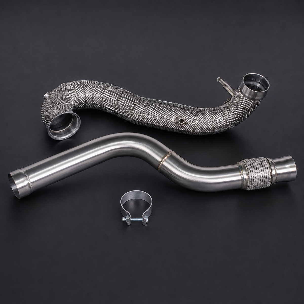 VCTR Performance Mercedes-AMG A45/CLA45 Downpipe — Heat Shield – side three-quarter view