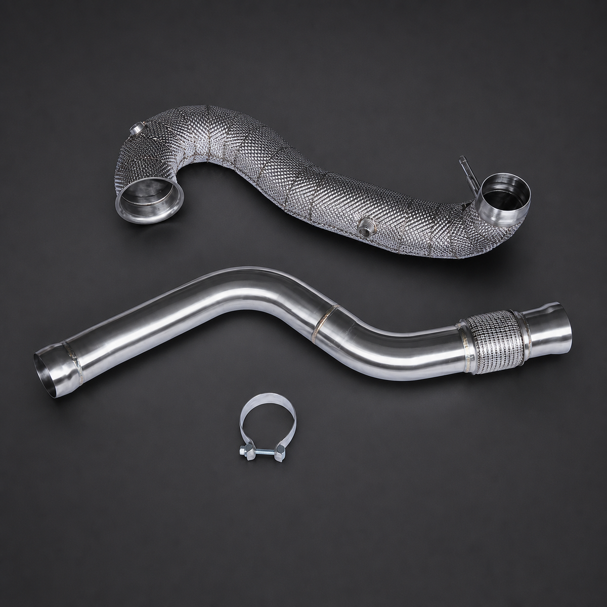 VCTR Performance Mercedes-AMG A45/CLA45 Downpipe — Heat Shield – elevated top view