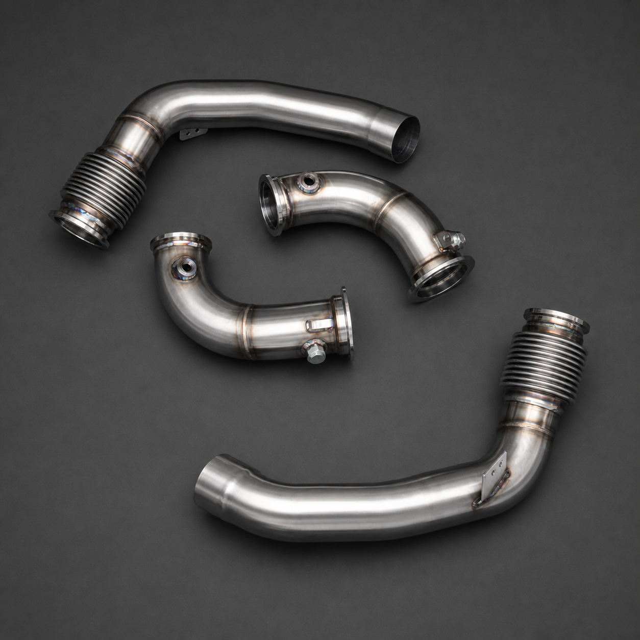 VCTR Performance BMW M5/M8 F90/F91/F92/F93 S63 Downpipes – elevated top view