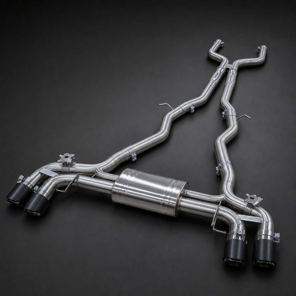 VCTR Performance BMW M5 F90 S63 Valved Catback Exhaust — Carbon Fibre Tips – side three-quarter view