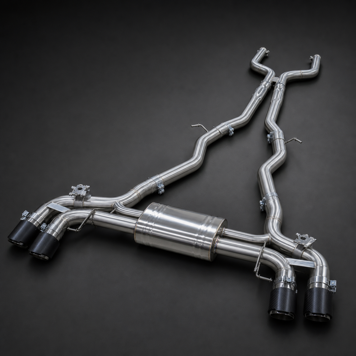 VCTR Performance BMW M5 F90 S63 Valved Catback Exhaust — Carbon Fibre Tips – side three-quarter view
