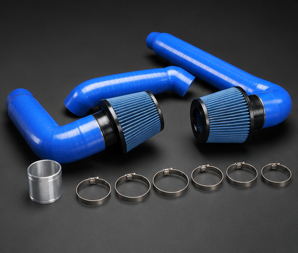 VCTR Performance BMW X3 M/X4 M F97/F98 S58 Front-Mount Intake System — Blue – side three-quarter view