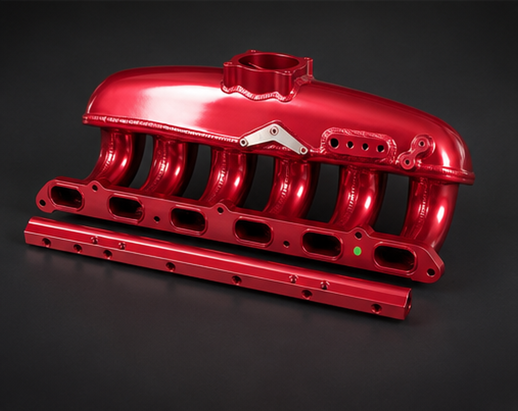 VCTR Performance BMW N54/N55 Port-Injection Intake Manifold — Red – side three-quarter view