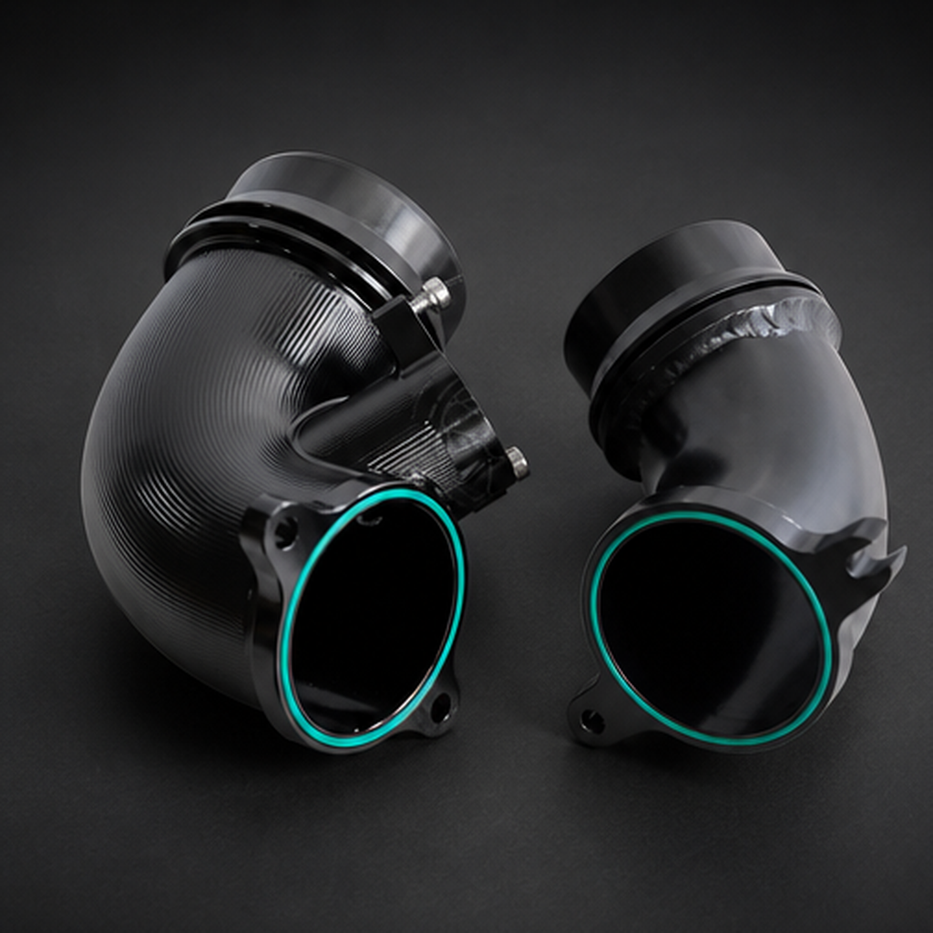 VCTR Performance BMW X3 M/X4 M F97/F98 S58 Billet Turbo Inlets – front three-quarter view