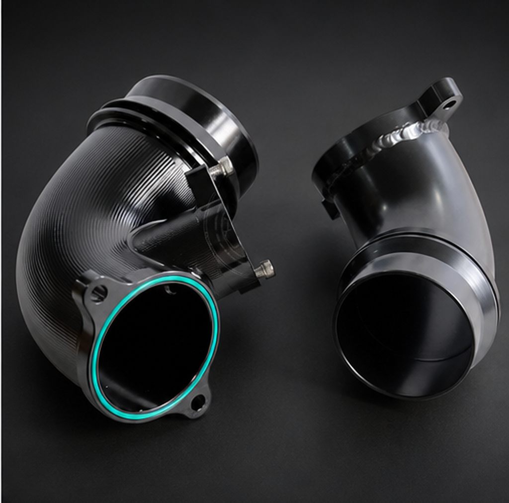 VCTR Performance BMW X3 M/X4 M F97/F98 S58 Billet Turbo Inlets – side three-quarter view