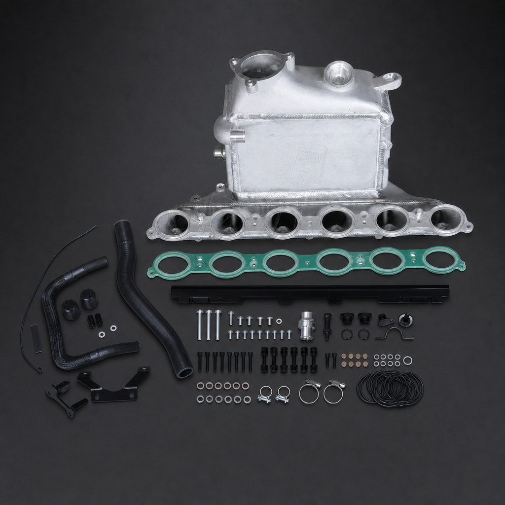 VCTR Performance BMW M3/M4 G80/G82 S58 Cast-End-Tank Intake Manifold Charge Cooler – elevated top view