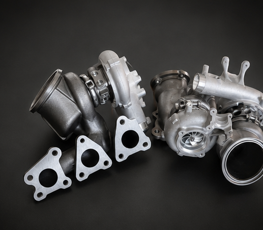VCTR Performance BMW M3/M4 F80/F82 S55 Billet-Wheel Turbochargers – side three-quarter view