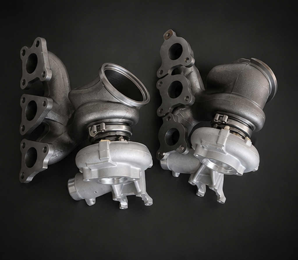 VCTR Performance BMW M3/M4 F80/F82 S55 Billet-Wheel Turbochargers – elevated top view