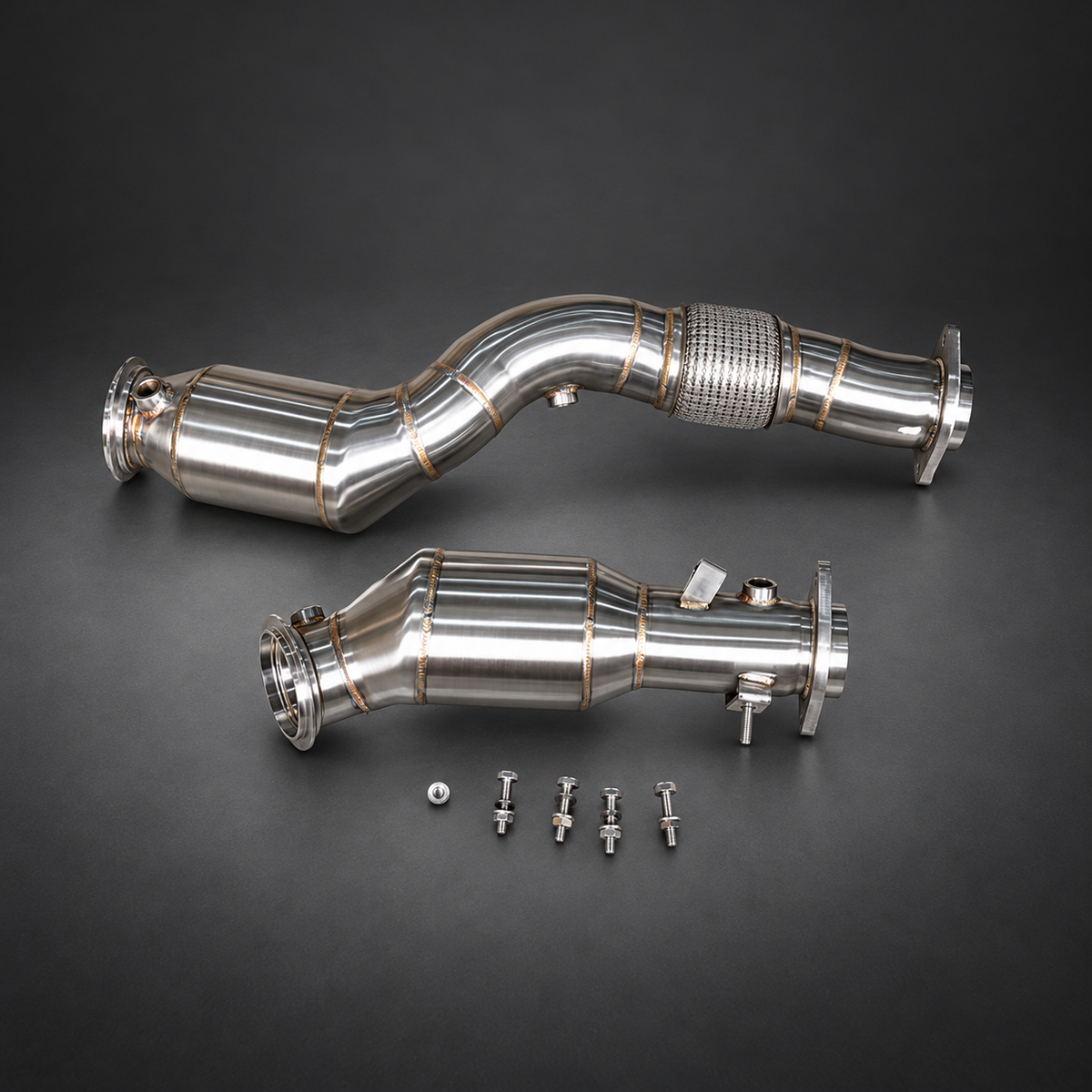 VCTR Performance BMW M3 G80 / M4 G82 S58 Catted Downpipe Kit — Flex Section — studio view 1